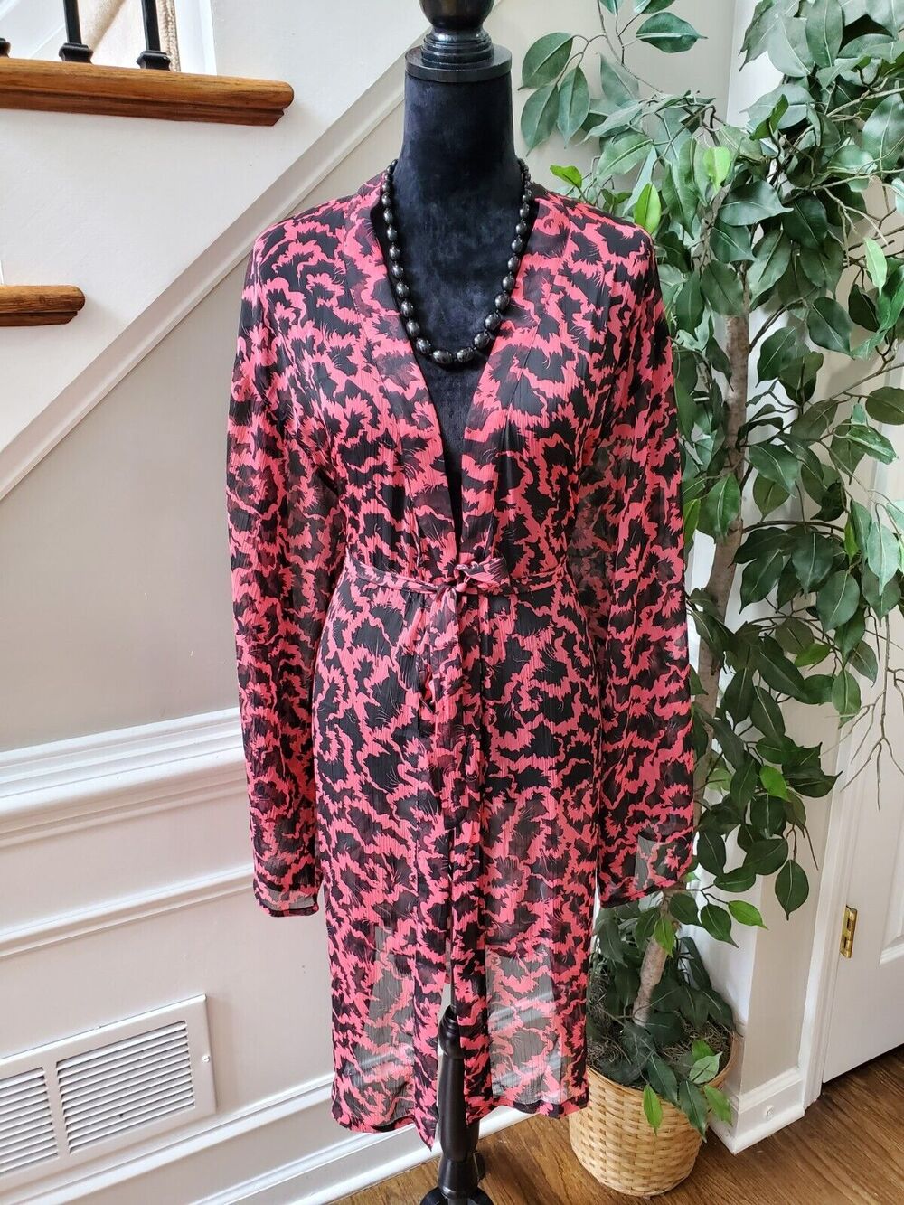 Venus Women's Pink & Black Polyester Long Sleeve Open Front Swimsuit Coverup 1X